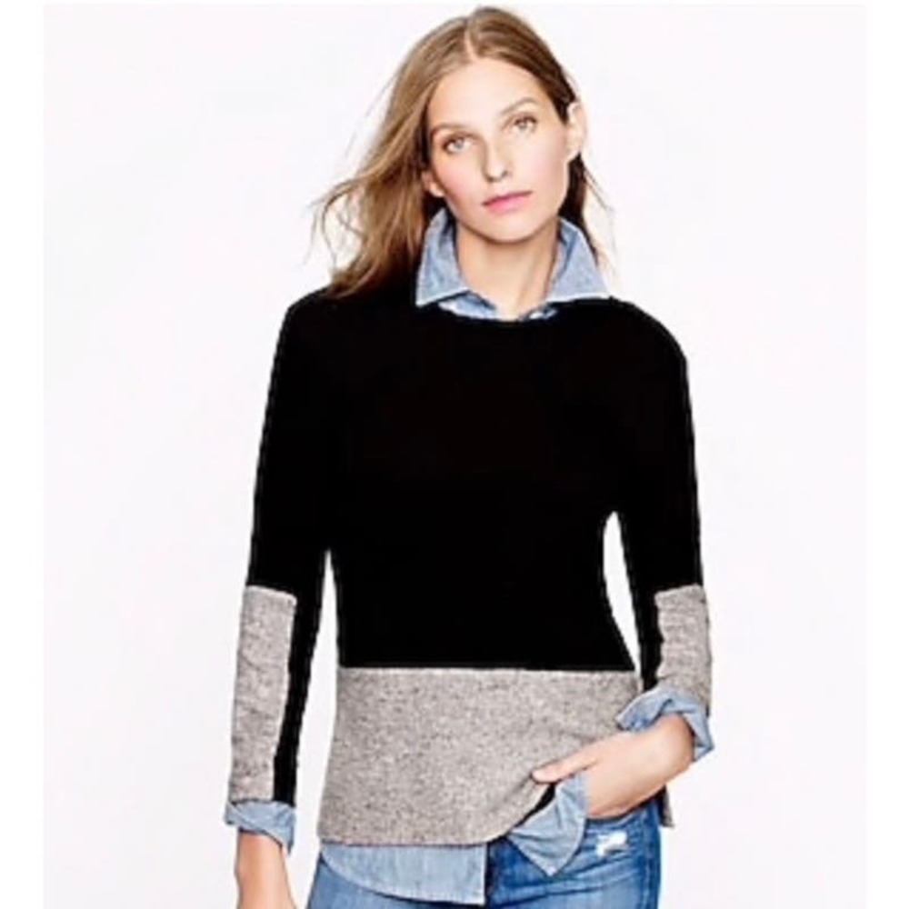 J.Crew With Cashmere Colorblock Crewneck Sweater Black Gray Donegal XS